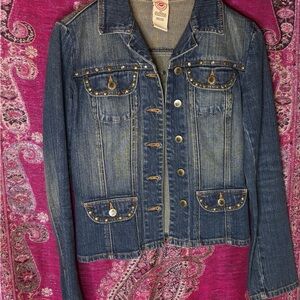 Bisou Bisou Vintage Embellished Dark Blue Jean Jacket with Studs